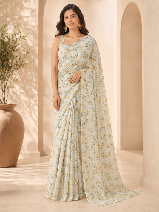 Soft Ivory Muslin Base with Green florals