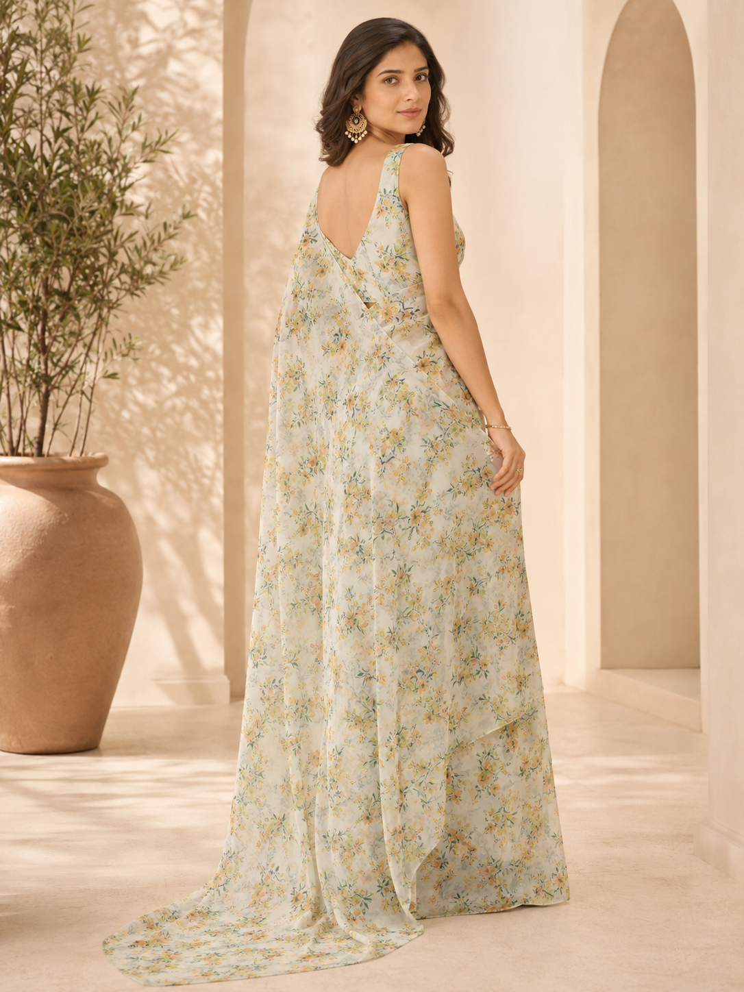 Soft Ivory Muslin Base with Green florals