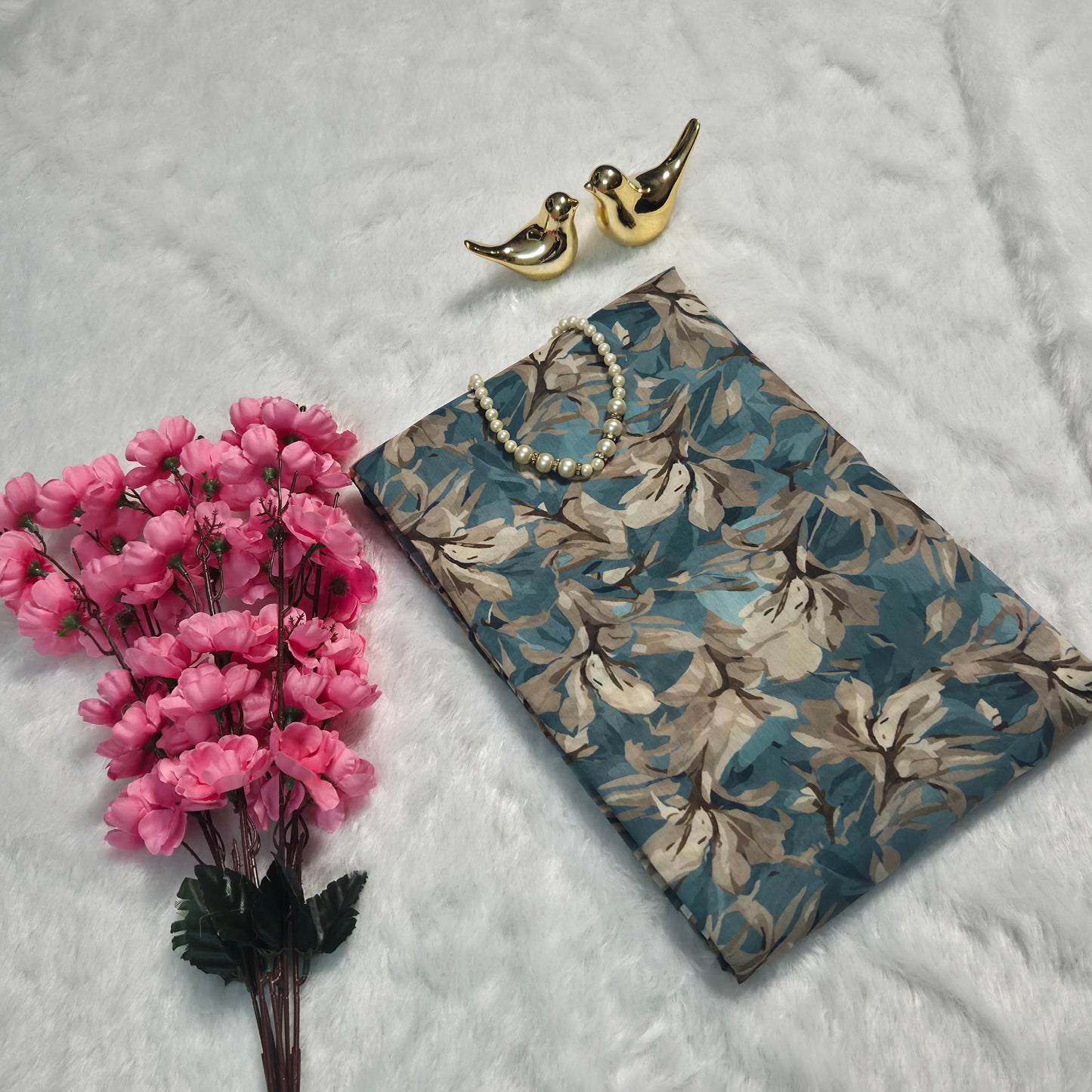 Premium Muslin Floral Printed Saree – Dusty Teal