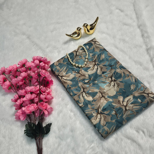 Premium Muslin Floral Printed Saree – Dusty Teal