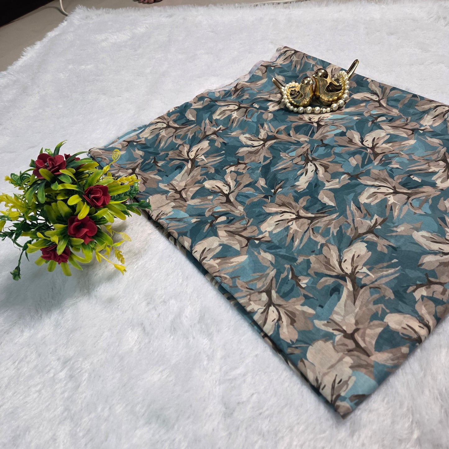 Premium Muslin Floral Printed Saree – Dusty Teal