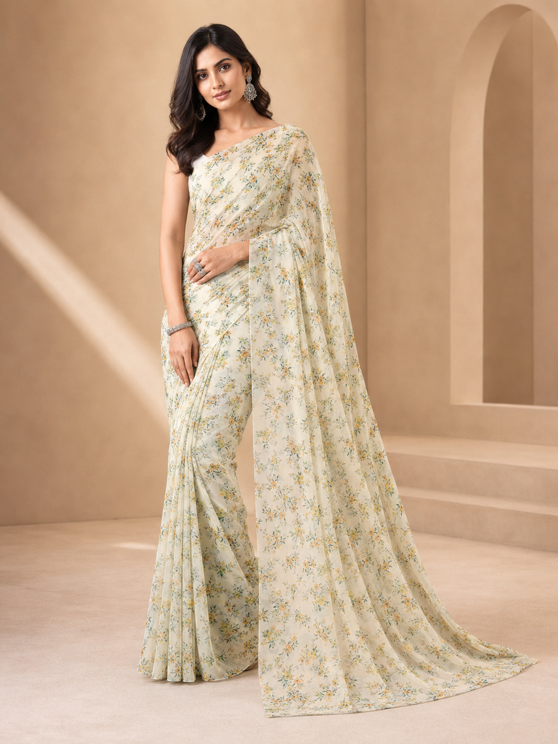 Soft Ivory Muslin Base with Green florals