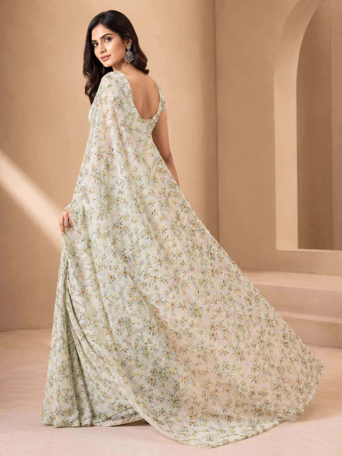 Soft Ivory Muslin Base with Green florals