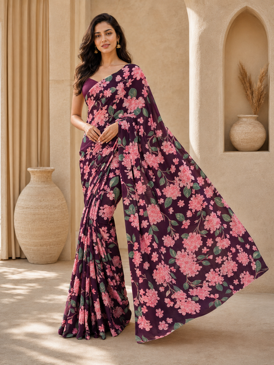 Wine Muslin Floral Printed Saree