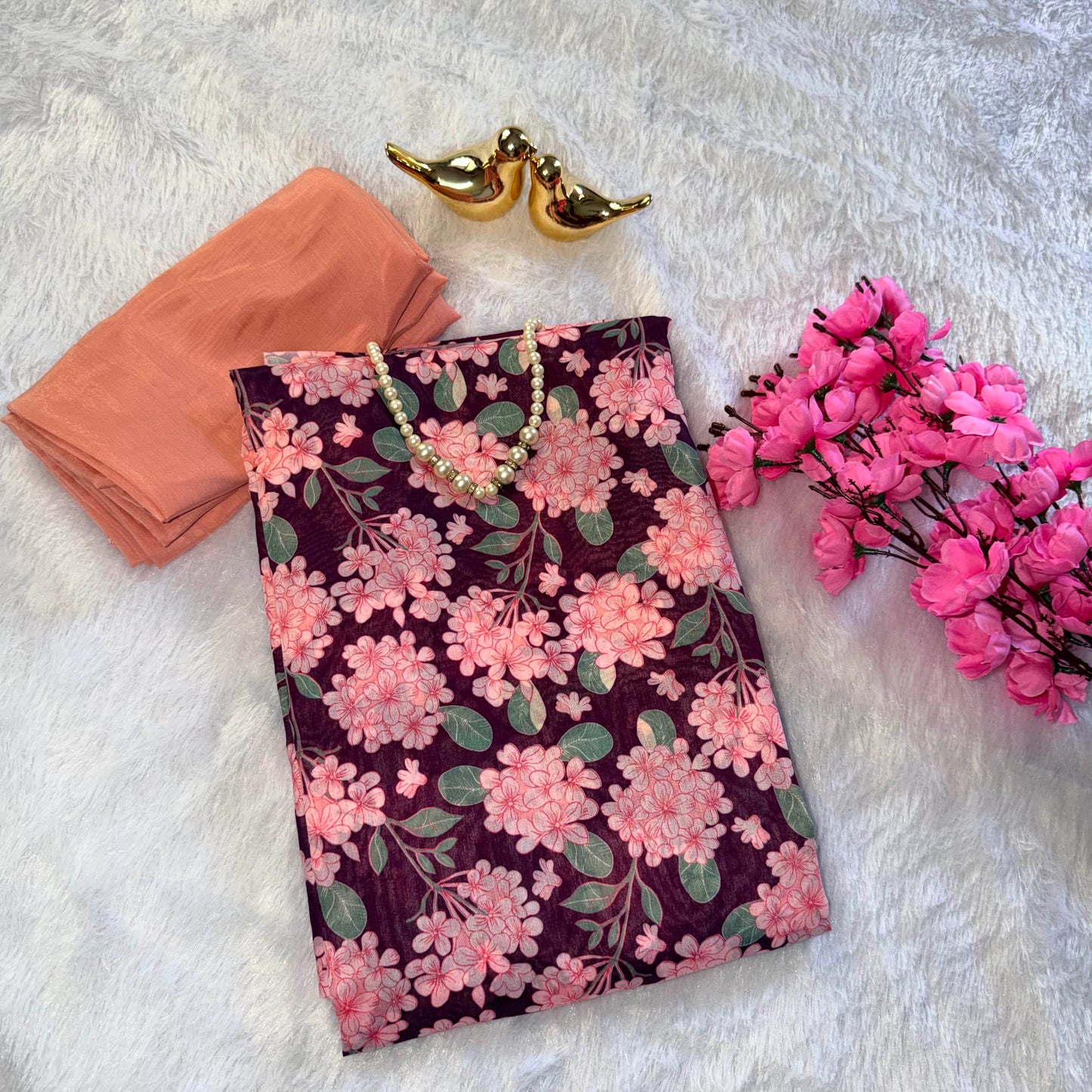 Wine Muslin Floral Printed Saree