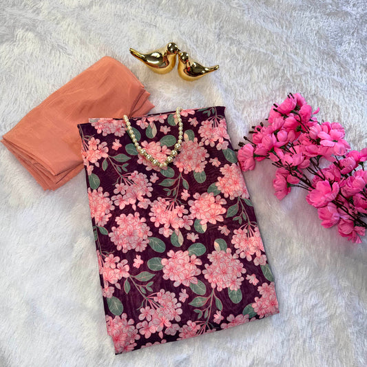 Wine Muslin Floral Printed Saree (Copy)